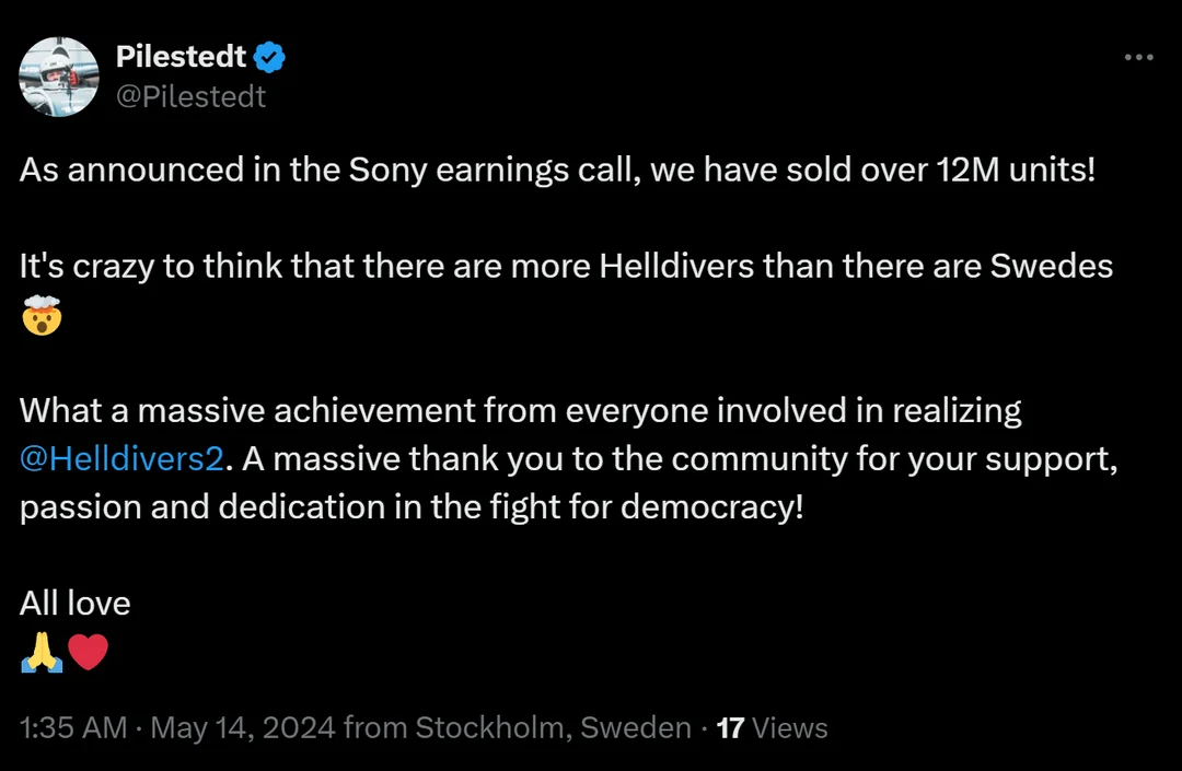 Tweet from Arrowhead CEO Johan Pilestedt celebrating Helldivers 2 surpassing 12M units sold and thanking the community.